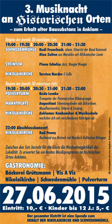 3. Anklamer Musiknacht an historischen Orten - Flyer (Programm)